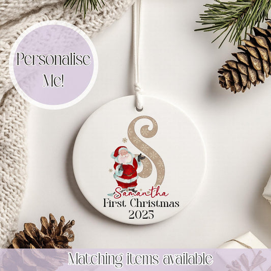 Personalised Santa Initial Ceramic Bauble - Christmas Decoration - First Christmas - Fully Editable- Custom Name - Various Colours