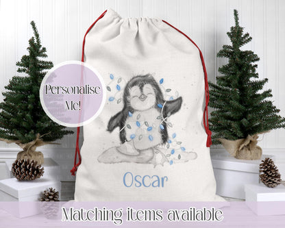 Personalised Penguin Santa Sack. Christmas Sack - Christmas Bag - For kids- for him - for her- Toy Sack