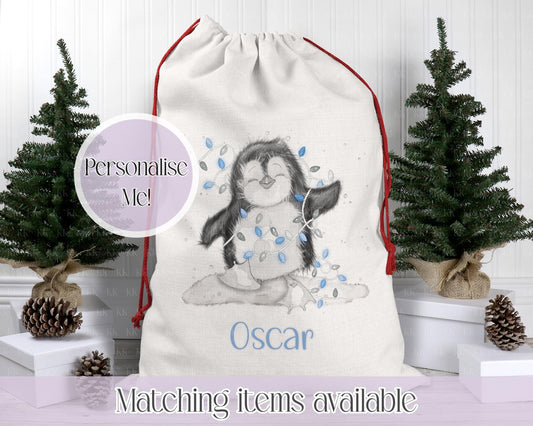 Personalised Penguin Santa Sack. Christmas Sack - Christmas Bag - For kids- for him - for her- Toy Sack