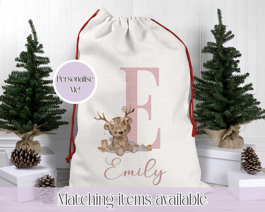 Personalised Christmas Sack – Teddy Bear Reindeer Initial Design | 70 x 50cm | Custom Name Gift Bag - Santa Sack - Various Colours
