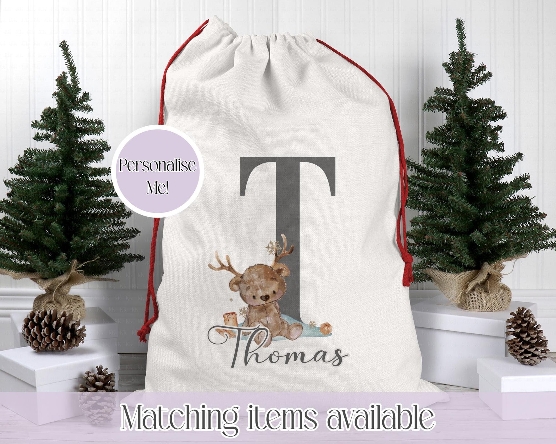 Personalised Christmas Sack – Teddy Bear Reindeer Initial Design | 70 x 50cm | Custom Name Gift Bag - Santa Sack - Various Colours