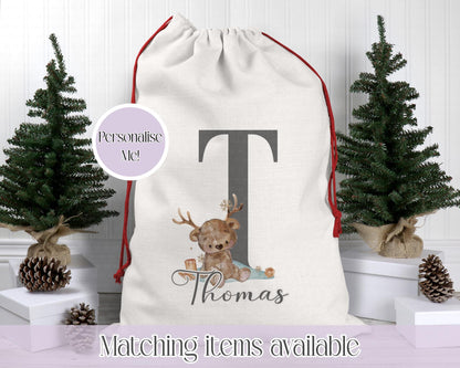 Personalised Christmas Sack – Teddy Bear Reindeer Initial Design | 70 x 50cm | Custom Name Gift Bag - Santa Sack - Various Colours