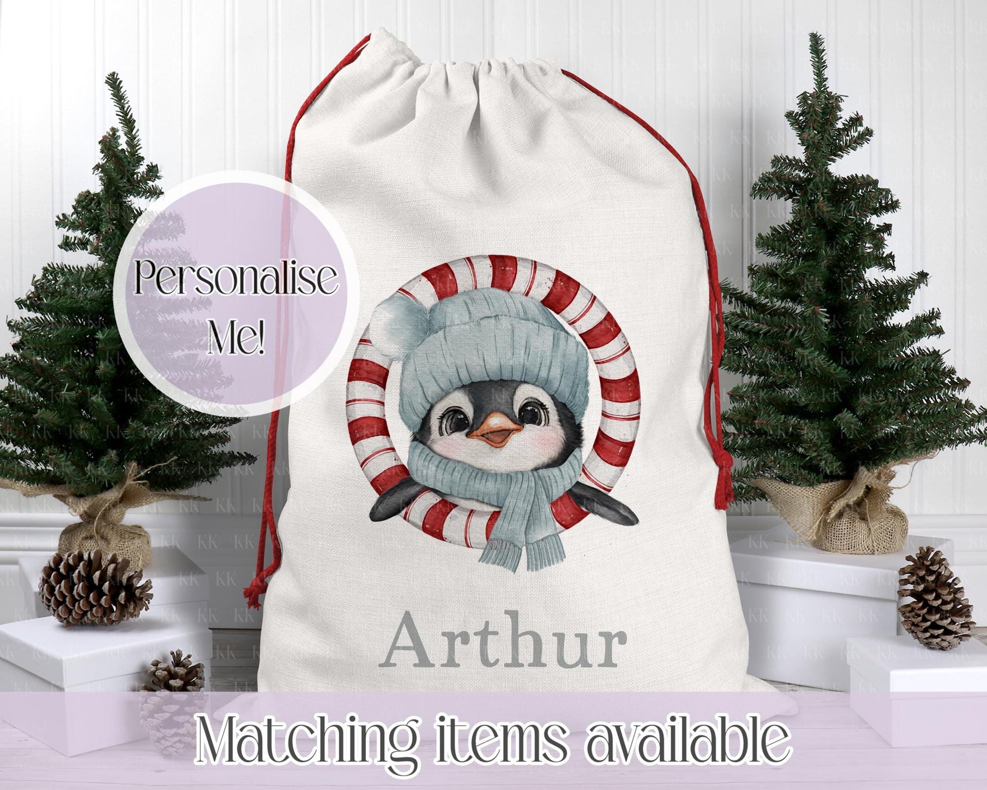 Personalised Penguin Santa Sack – 50x70cm | Custom Penguin Christmas Bag | Choose Colour & Font | Christmas Gift Bag for Kids