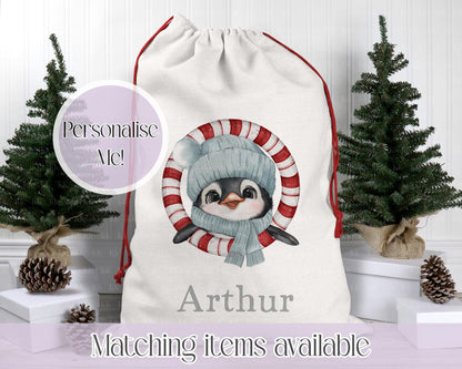 Personalised Penguin Santa Sack – 50x70cm | Custom Penguin Christmas Bag | Choose Colour & Font | Christmas Gift Bag for Kids