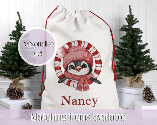 Personalised Penguin Santa Sack – 50x70cm | Custom Penguin Christmas Bag | Choose Colour & Font | Christmas Gift Bag for Kids