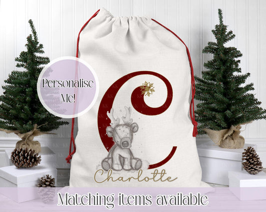 Personalised Reindeer Christmas Sack – Teddy Reindeer Initial Design | 70 x 50cm | Custom Name Gift Bag - Santa Sack - Various Colours