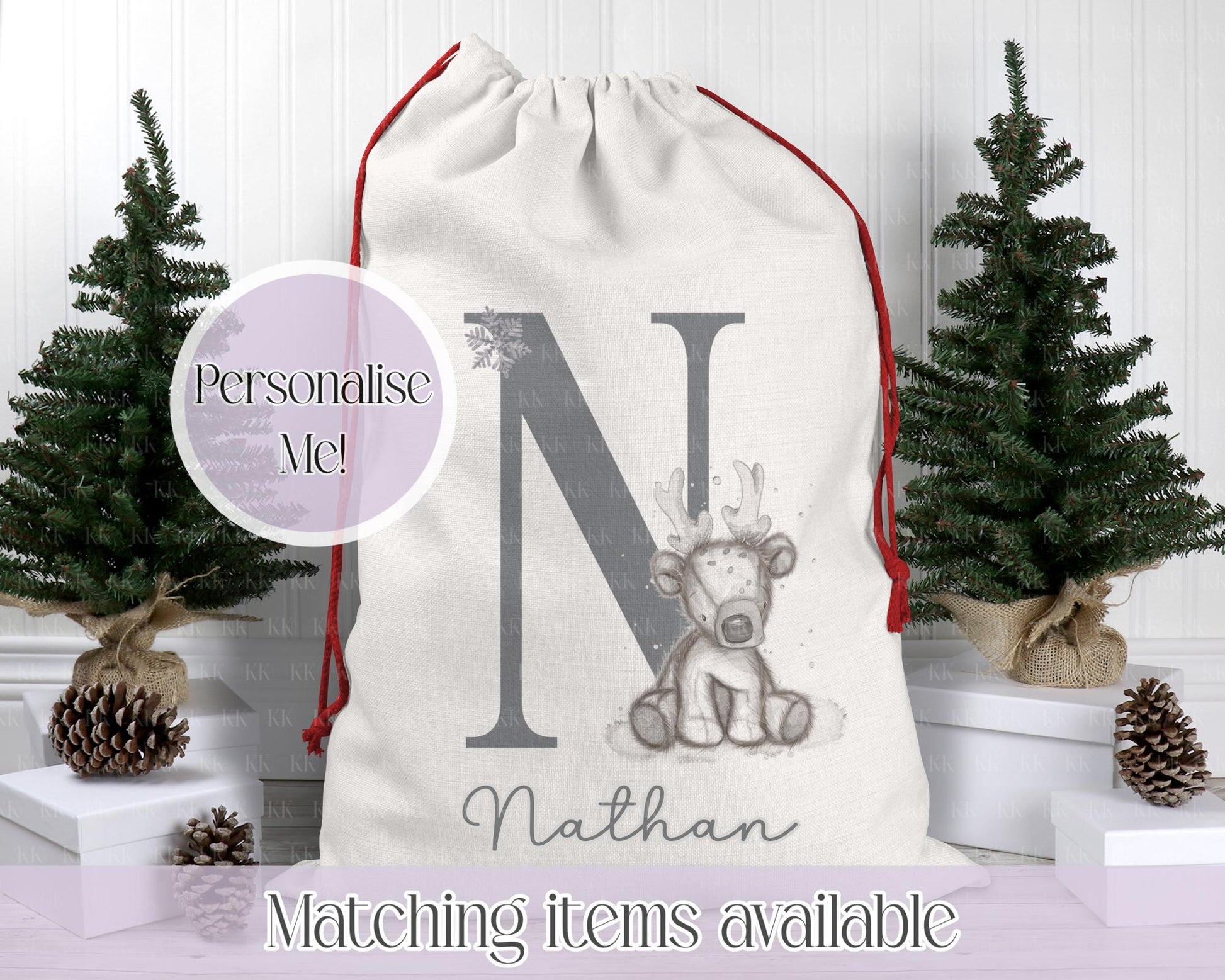 Personalised Reindeer Christmas Sack – Teddy Reindeer Initial Design | 70 x 50cm | Custom Name Gift Bag - Santa Sack - Various Colours