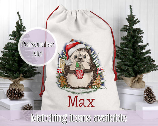 Personalised Christmas Sack – Hedgehog Design | 70 x 50cm | Custom Name Gift Bag - Santa Sack