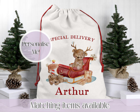 Personalised Christmas Sack – Reindeer Teddy Bear in Sleigh Designs | 70 x 50cm | Custom Name Gift Bag - Santa Sack