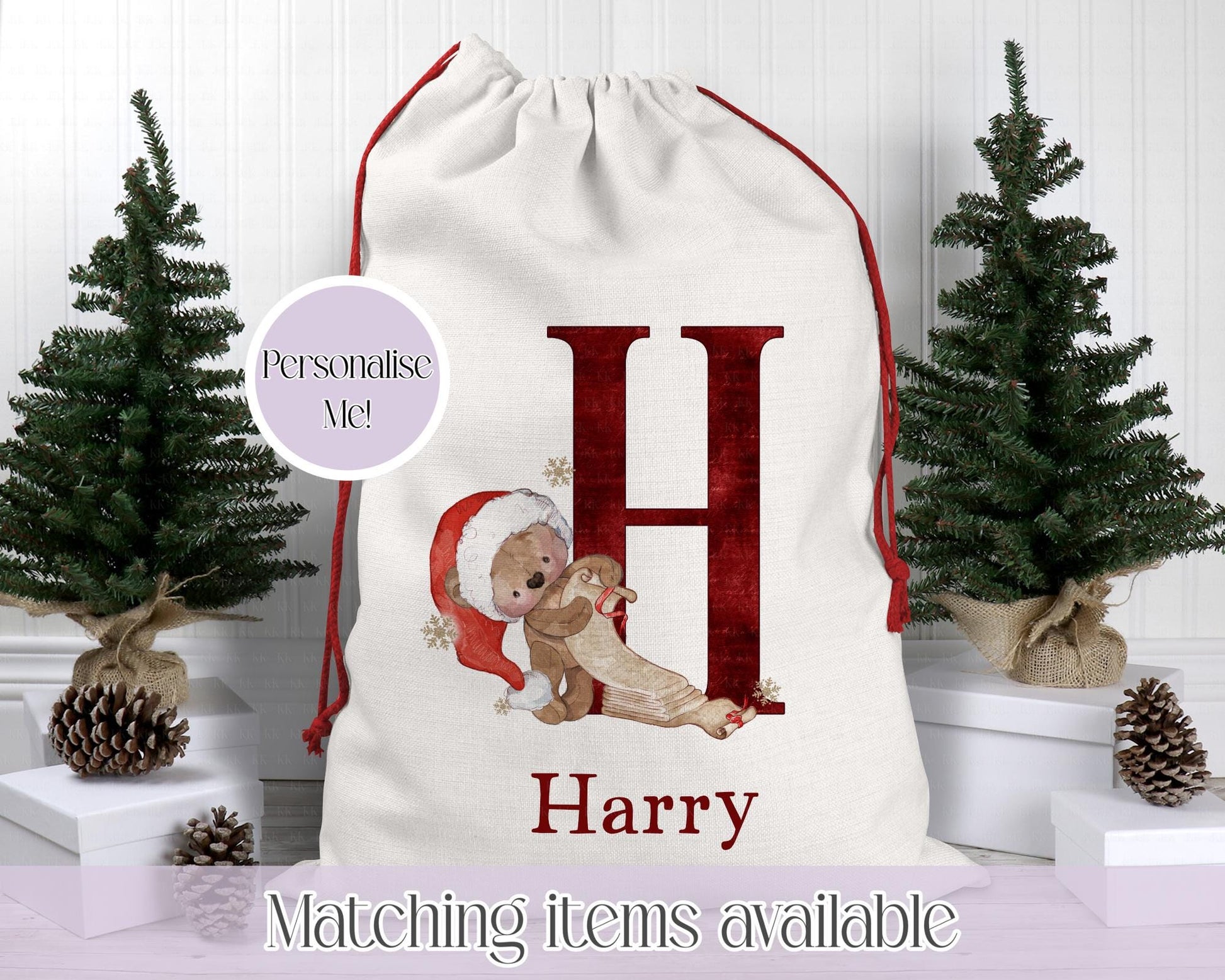 Personalised Christmas Sack – Teddy Bear Elf and Festive Santa Hat Designs | 70 x 50cm | Custom Name Gift Bag - Santa Sack