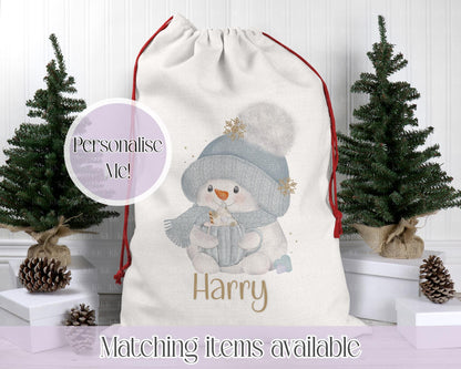 Personalised Snowman Christmas Sack – Winter Snowman Snowflake Design | 70 x 50cm | Custom Name Gift Bag - Santa Sack
