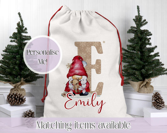 Personalised Gonk Christmas Sack – Red Girl and Teddy Design | 70 x 50cm | Custom Name Gift Bag - Santa Sack
