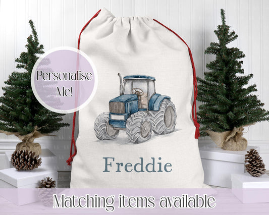 Personalised Tractor Christmas Sack – Snowy Hand drawn Tractor Design | 70 x 50cm | Custom Name Gift Bag - Santa Sack