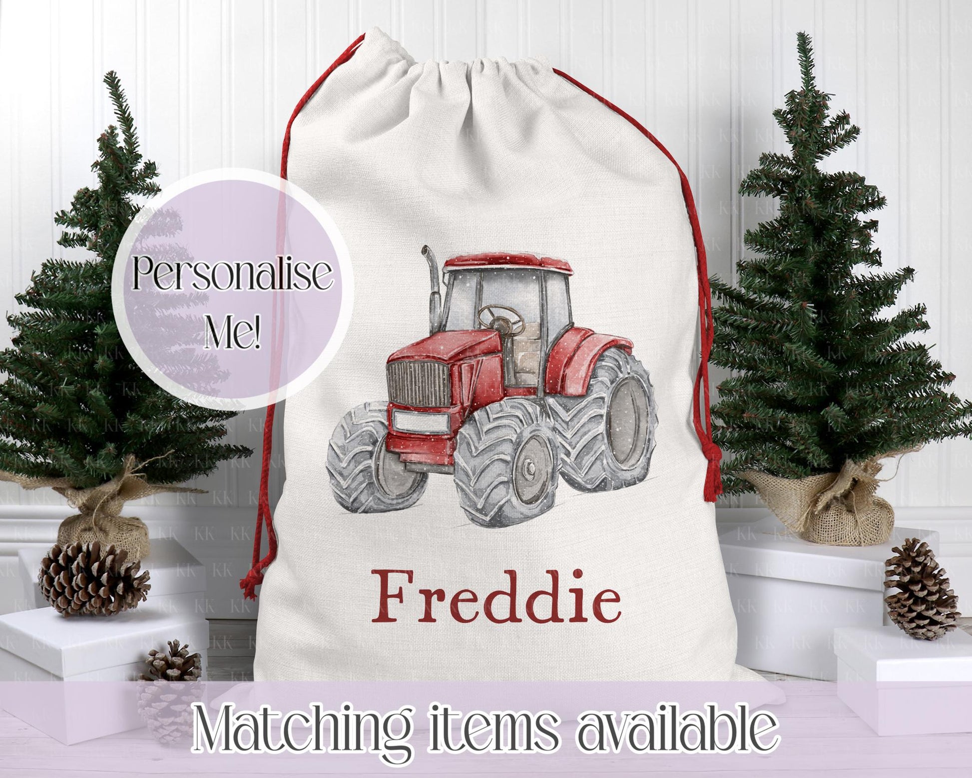 Personalised Tractor Christmas Sack – Snowy Hand drawn Tractor Design | 70 x 50cm | Custom Name Gift Bag - Santa Sack