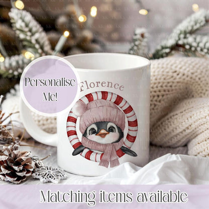 Personalised Christmas Penguin Mug – Enamel or Ceramic | Custom Name | 4 Colours | Optional Matching Handle | Holiday Gift for Kids & Adults