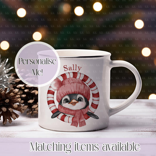 Personalised Christmas Penguin Mug – Enamel or Ceramic | Custom Name | 4 Colours | Optional Matching Handle | Holiday Gift for Kids & Adults