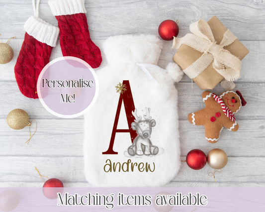 Personalised Reindeer Fluffy Hot Water Bottle with Faux Fur Cover – 2L Hot Water Bottle in Gift Box, Winter Warmer, Christmas Gift