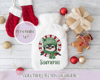Personalised Penguin Teddy Fluffy Hot Water Bottle with Faux Fur Cover – 2L Hot Water Bottle in Gift Box, Winter Warmer, Christmas Gift