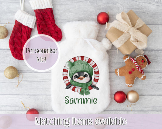Personalised Penguin Teddy Fluffy Hot Water Bottle with Faux Fur Cover – 2L Hot Water Bottle in Gift Box, Winter Warmer, Christmas Gift