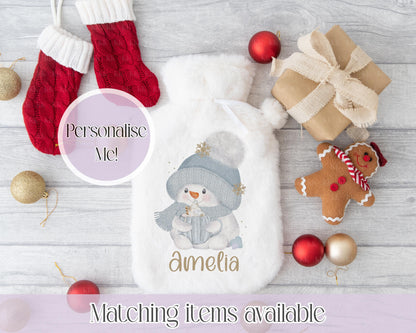 Personalised Snowman Fluffy Hot Water Bottle with Faux Fur Cover – 2L Hot Water Bottle in Gift Box, Winter Warmer, Christmas Gift