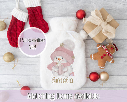 Personalised Snowman Fluffy Hot Water Bottle with Faux Fur Cover – 2L Hot Water Bottle in Gift Box, Winter Warmer, Christmas Gift