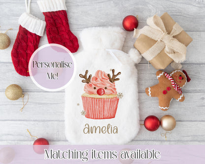 Personalised Christmas Cupcakes Fluffy Hot Water Bottle with Faux Fur Cover – 2L Hot Water Bottle in Gift Box, Winter Warmer, Christmas Gift