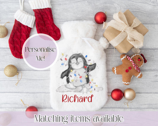 Personalised Penguin Lights Fluffy Hot Water Bottle with Faux Fur Cover – 2L Hot Water Bottle in Gift Box, Winter Warmer, Christmas Gift
