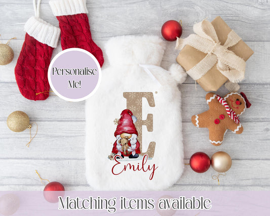 Personalised Red Girl Gonk Fluffy Hot Water Bottle with Faux Fur Cover – 2L Hot Water Bottle in Gift Box, Winter Warmer, Christmas Gift