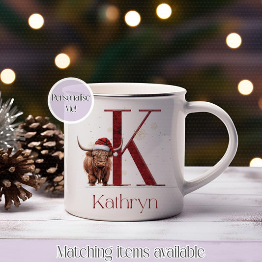 Personalised Highland Cow Initial Mug - Custom 11oz White or Enamel Mug - Highland Christmas Design - Christmas Stocking Filler