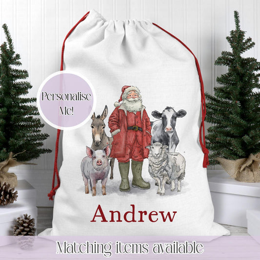 Personalised Christmas Sack – Christmas on the farm | 70 x 50cm | Custom Name Gift Bag - Santa Sack - farmer Christmas