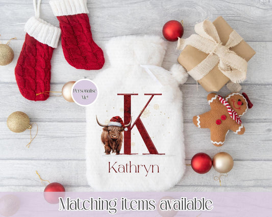 Personalised Highland initial Fluffy Hot Water Bottle with Faux Fur Cover –2L Hot Water Bottle in Gift Box, Winter Warmer Christmas Gift