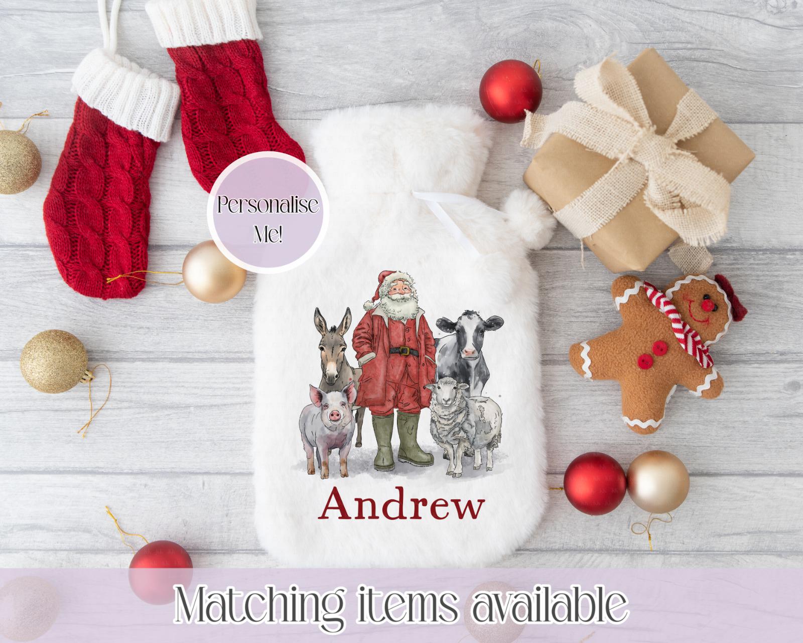 Personalised Christmas on the farm Fluffy Hot Water Bottle with Faux Fur Cover –2L Hot Water Bottle in Gift Box Winter Warmer Christmas Gift