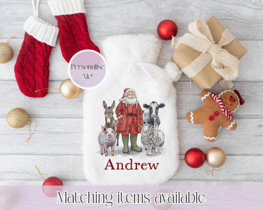 Personalised Christmas on the farm Fluffy Hot Water Bottle with Faux Fur Cover –2L Hot Water Bottle in Gift Box Winter Warmer Christmas Gift