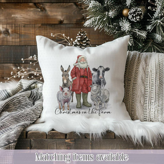 Christmas on the farm - Personalised Christmas Cushion - for farmers - Farmer Christmas - Velvet Cushion Cover and inner