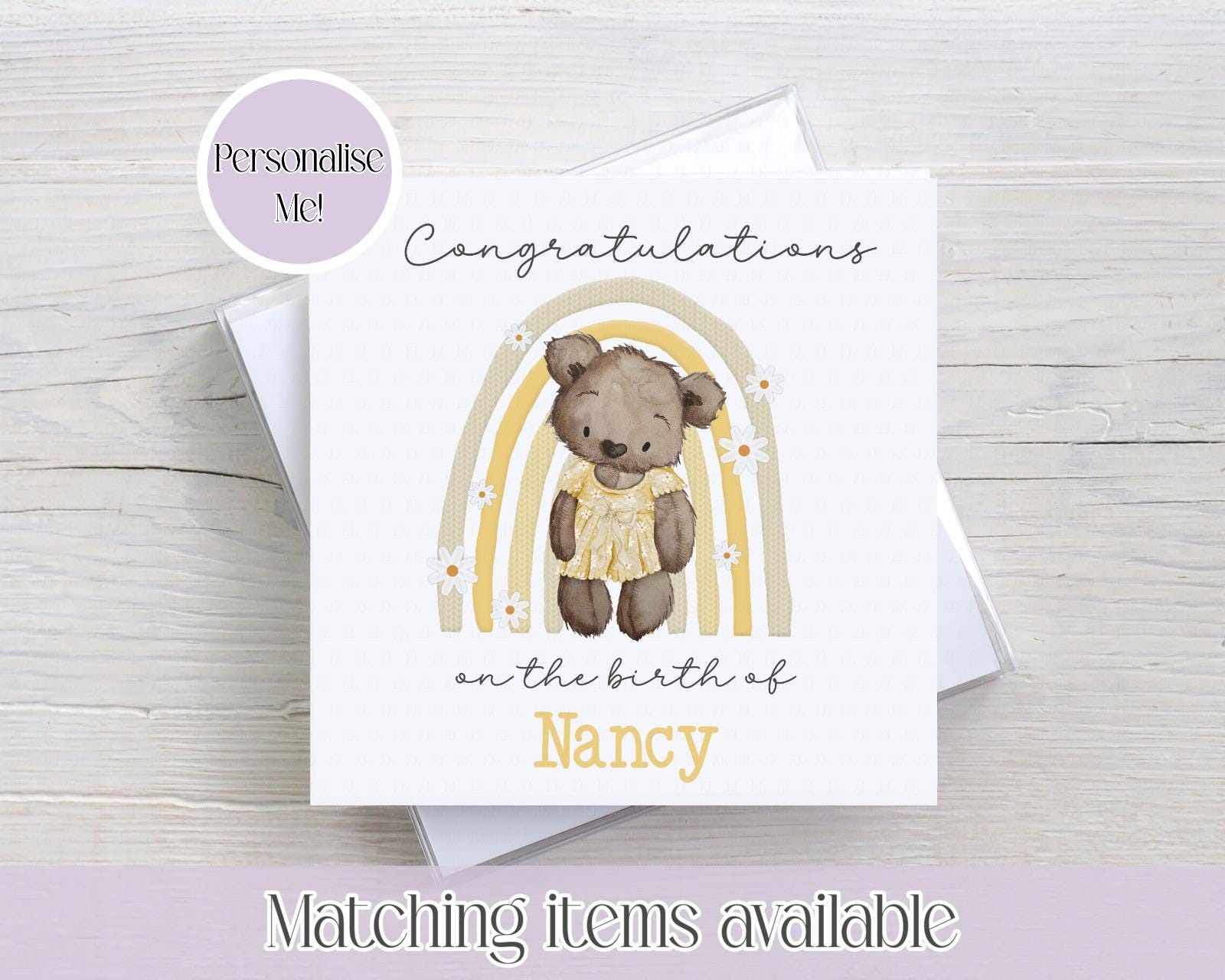 Congratulations on the birth of- teddy bear rainbow - custom name - Kids - Children - Cards for kids birthdays - Newborn