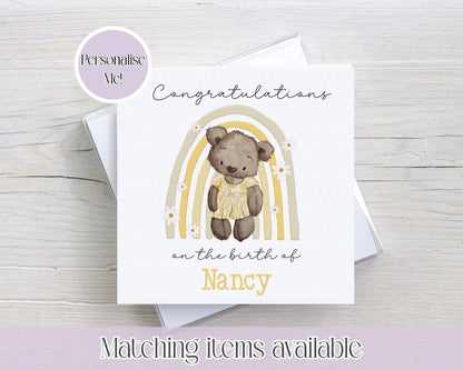 Congratulations on the birth of- teddy bear rainbow - custom name - Kids - Children - Cards for kids birthdays - Newborn