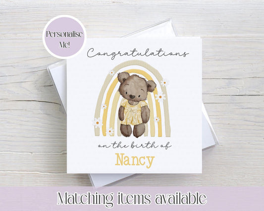 Congratulations on the birth of- teddy bear rainbow - custom name - Kids - Children - Cards for kids birthdays - Newborn