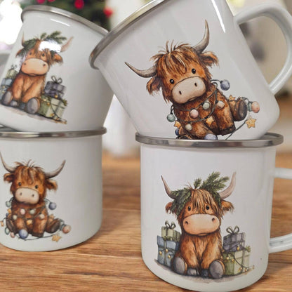 Christmas Cute Personalised Highland Cow Mugs - Enamel Mug - Kids Mug - Hot Chocolate Custom Mug - Stocking Filler