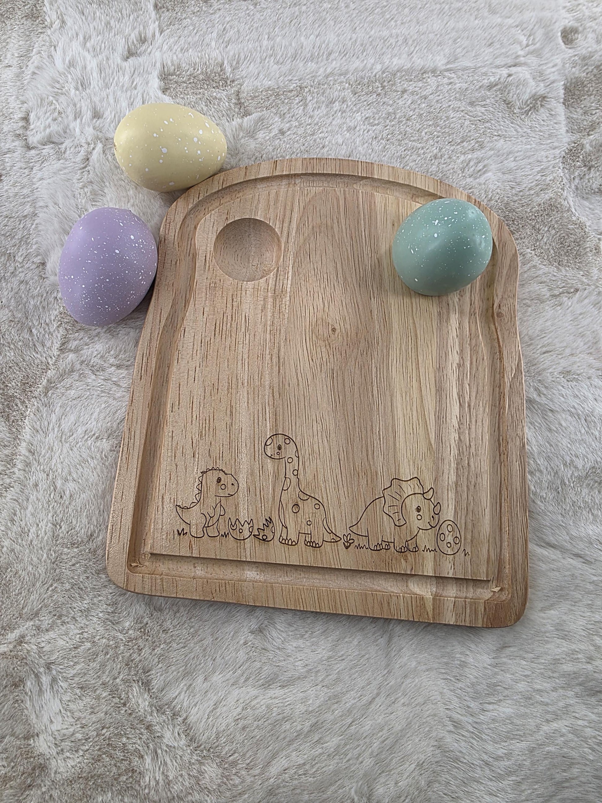 Personalised Wooden Dinosaur Egg Board - Custom Name Dinosaur Design - egg and soldiers