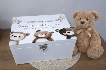 Woodland Friends Personalised Keepsake Box - Custom Baby Memory Box - Personalised Bear Keepsake Box - Baby Memory Box