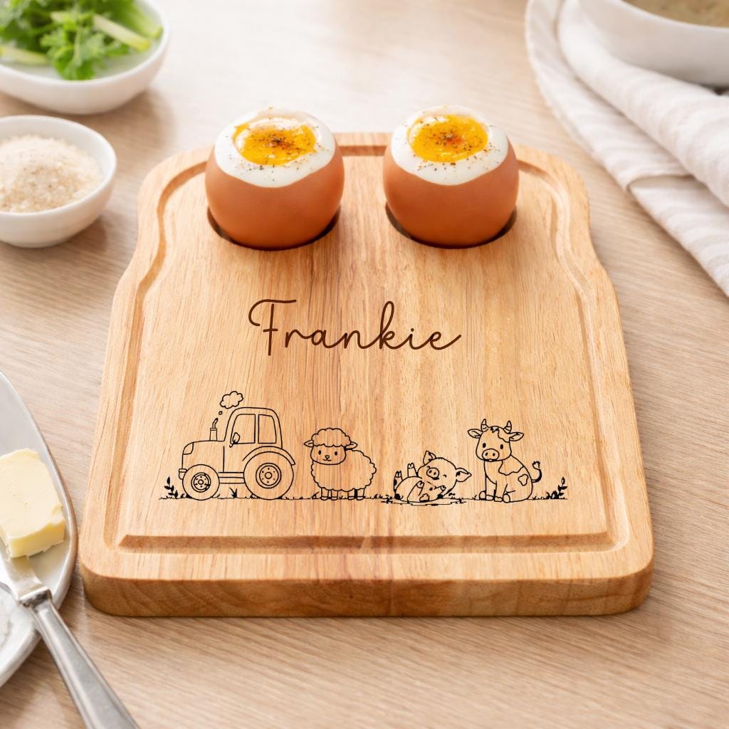 Personalised Wooden Egg Board - Custom Name Farm Design - egg and soldiers