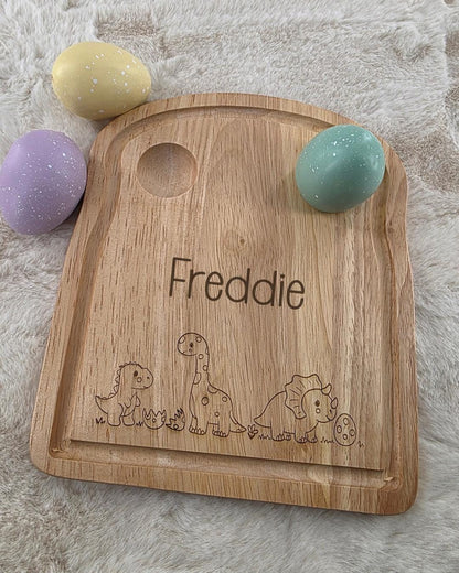 Personalised Wooden Dinosaur Egg Board - Custom Name Dinosaur Design - egg and soldiers