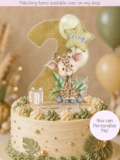 Personalised Safari Animal age cake topper - acrylic printed cake topper - custom cake decoration - Giraffe- zebra- elephant- Lion- monkey