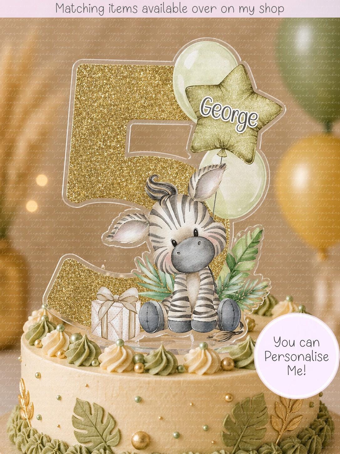 Personalised Safari Animal age cake topper - acrylic printed cake topper - custom cake decoration - Giraffe- zebra- elephant- Lion- monkey