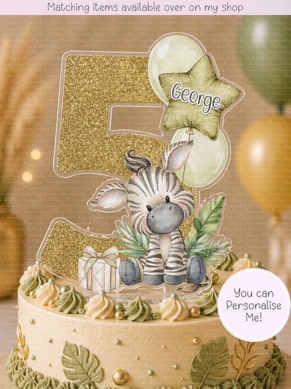 Personalised Safari Animal age cake topper - acrylic printed cake topper - custom cake decoration - Giraffe- zebra- elephant- Lion- monkey