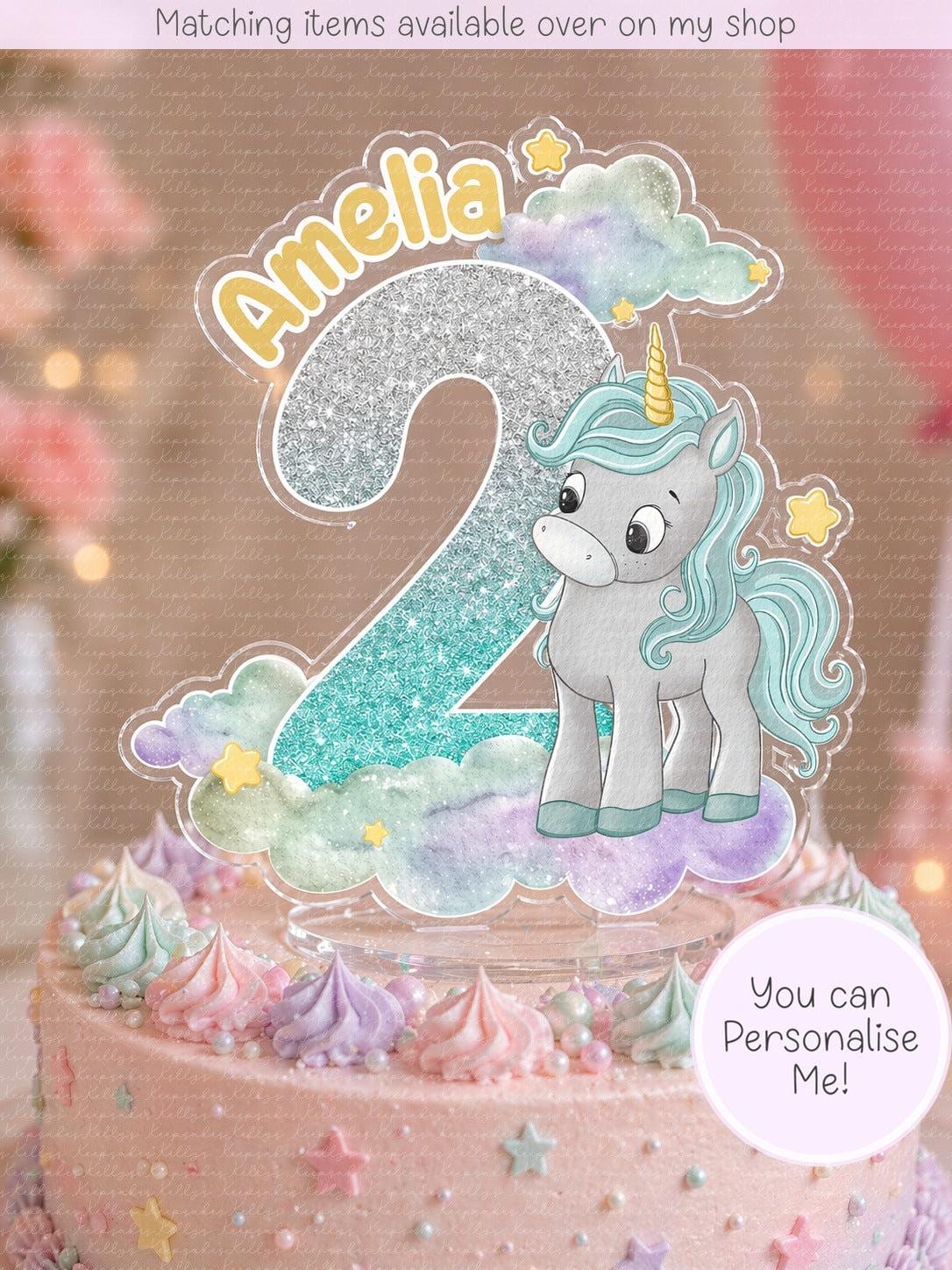 Personalised unicorn age cake topper - acrylic printed cake topper - custom cake decoration