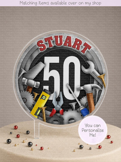 Personalised Tool cut out milestone cake topper - acrylic printed cake topper - custom cake handy man decoration