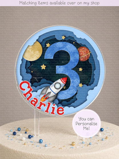 Personalised Space cut out age cake topper - acrylic printed cake topper - custom cake decoration