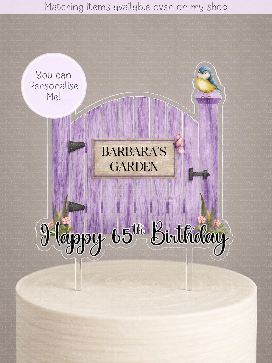 Personalised Garden Gate cake topper - acrylic printed cake topper - custom gardener cake decoration