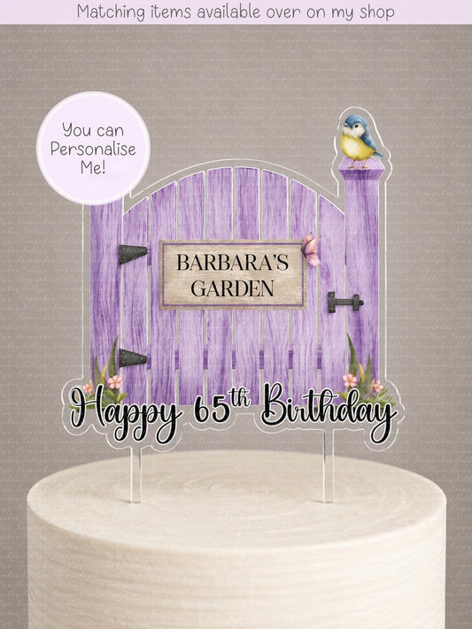 Personalised Garden Gate cake topper - acrylic printed cake topper - custom gardener cake decoration